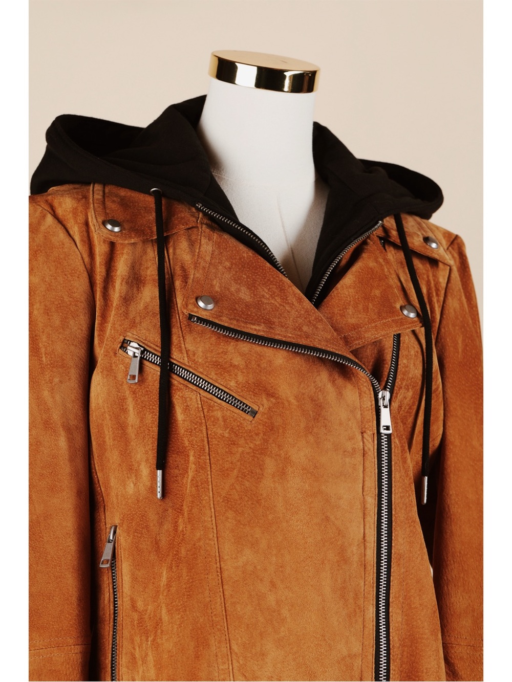 Sz L Bagatelle Collection Genuine Leather Tan Suede Hooded Moto Jacket EUC - Picture 2 of 6